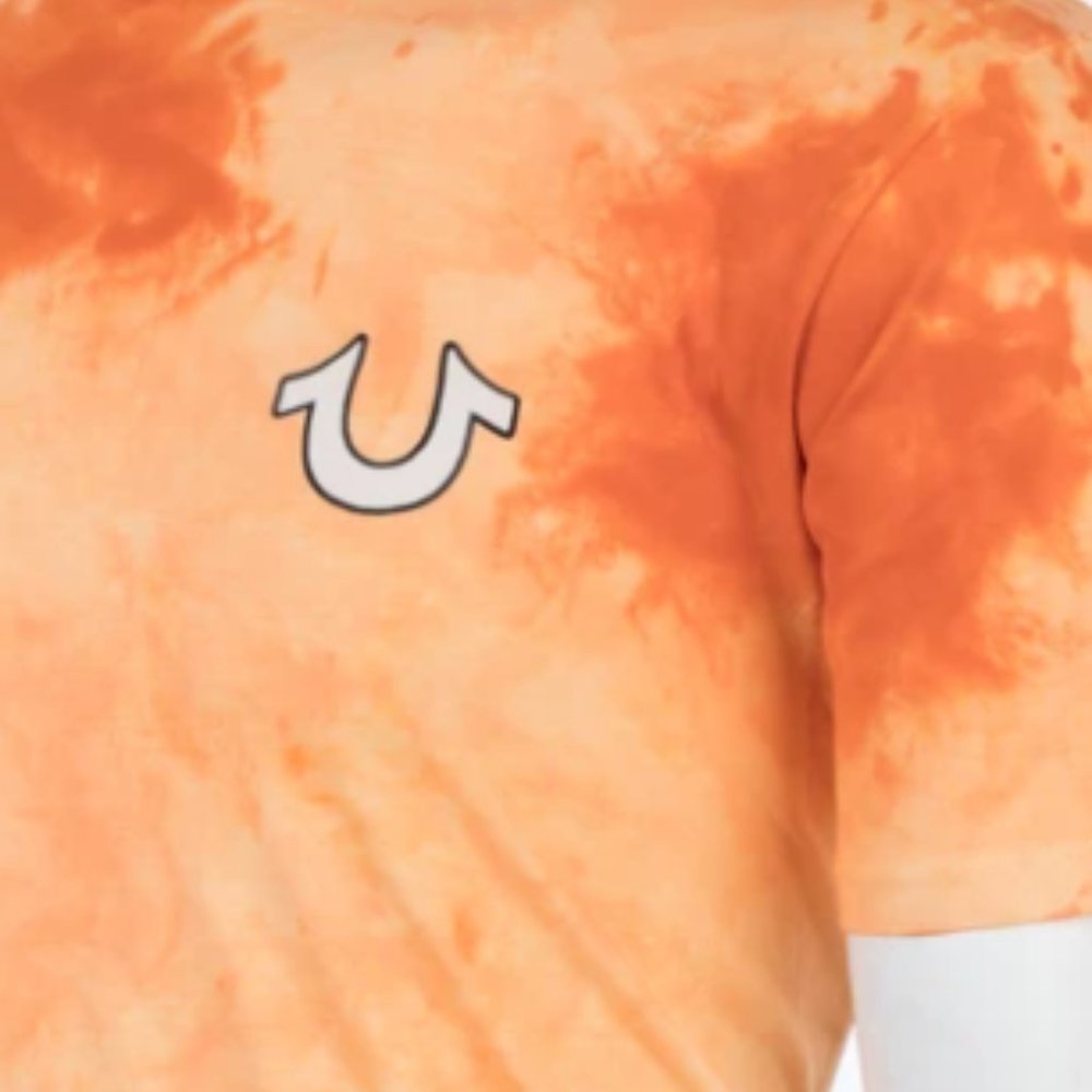 TRUE RELIGION Mens Short Sleeve BUDDHA LOGO Crewneck TIE DYE T-Shirt (Orange) - Picture 3 of 5